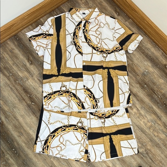Shein Manfinity Chain Print Shirt & Short Set Men's XXL Equestrian Luxury Style - Picture 13 of 14